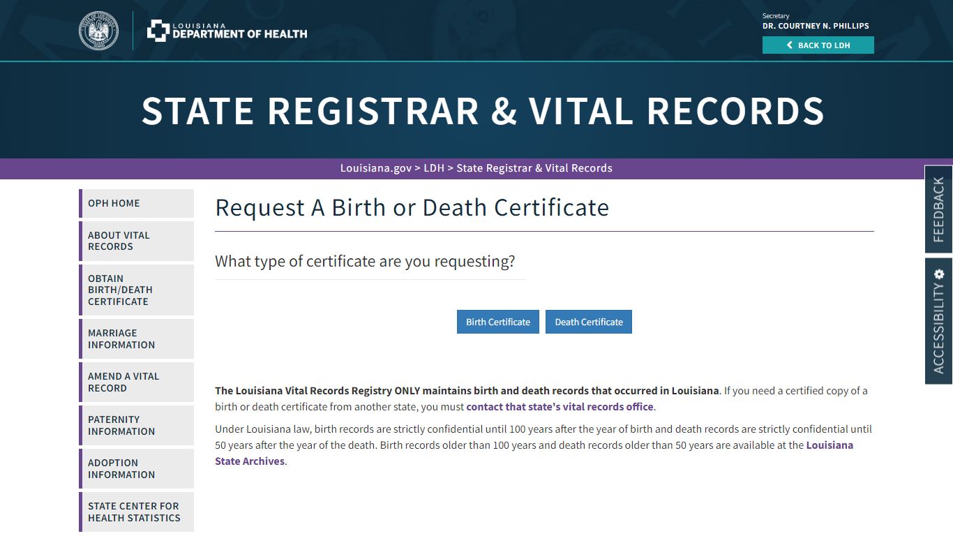 Request A Birth Or Death Certificate | La Dept. of Health